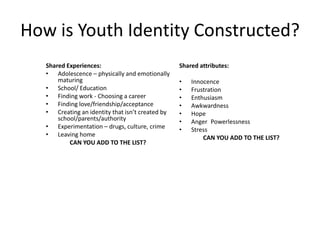 How is Youth Identity Constructed?
Shared Experiences: 
• Adolescence – physically and emotionally
maturing 
• School/ Education 
• Finding work - Choosing a career 
• Finding love/friendship/acceptance 
• Creating an identity that isn’t created by
school/parents/authority 
• Experimentation – drugs, culture, crime 
• Leaving home 
CAN YOU ADD TO THE LIST?
Shared attributes:
• Innocence 
• Frustration 
• Enthusiasm 
• Awkwardness 
• Hope 
• Anger Powerlessness 
• Stress 
CAN YOU ADD TO THE LIST?
 