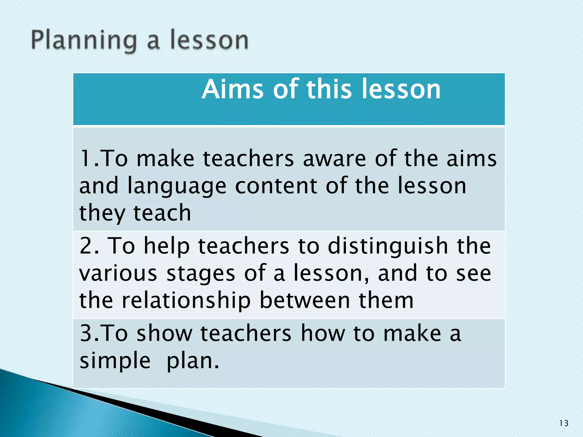 Aims of this lesson
1.To make teachers aware of the aims
and language content of the lesson
they teach
2. To help teachers to distinguish the
various stages of a lesson, and to see
the relationship between them
3.To show teachers how to make a
simple plan.
13

 