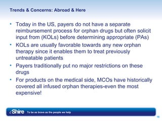 Trends & Concerns: Abroad & Here Today in the US, payers do not have a separate reimbursement process for orphan drugs but often solicit input from (KOLs) before determining appropriate (PAs)  KOLs are usually favorable towards any new orphan therapy since it enables them to treat previously untreatable patients Payers traditionally put no major restrictions on these drugs For products on the medical side, MCOs have historically covered all infused orphan therapies-even the most expensive! 