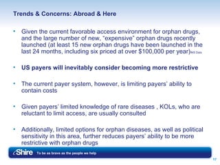 Trends & Concerns: Abroad & Here Given the current favorable access environment for orphan drugs, and the large number of new, “expensive” orphan drugs recently launched (at least 15 new orphan drugs have been launched in the last 24 months, including six priced at over $100,000 per year) IMS Data US payers will inevitably consider becoming more restrictive The current payer system, however, is limiting payers’ ability to contain costs Given payers’ limited knowledge of rare diseases , KOLs, who are reluctant to limit access, are usually consulted Additionally, limited options for orphan diseases, as well as political sensitivity in this area, further reduces payers’ ability to be more restrictive with orphan drugs 