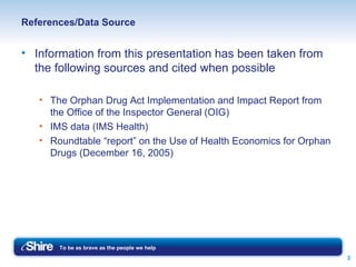 References/Data Source Information from this presentation has been taken from the following sources and cited when possible The Orphan Drug Act Implementation and Impact Report from the Office of the Inspector General (OIG) IMS data (IMS Health) Roundtable “report” on the Use of Health Economics for Orphan Drugs (December 16, 2005) 