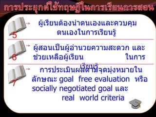 5 6 ผู้เรียนต้องนำตนเองและควบคุมตนเองในการเรียนรู้ 7 การประเมินผลตามจุดมุ่งหมายในลักษณะ   goal  free evaluation  หรือ  socially negotiated goal  และ  real  world criteria ผู้สอนเป็นผู้อำนวยความสะดวก และช่วยเหลือผู้เรียน  ในการเรียนรู้ 