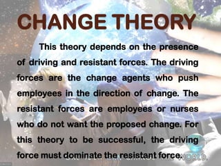 CHANGE THEORY
This theory depends on the presence

of driving and resistant forces. The driving
forces are the change agents who push
employees in the direction of change. The
resistant forces are employees or nurses
who do not want the proposed change. For
this theory to be successful, the driving
force must dominate the resistant force.

 