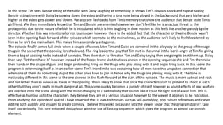 In this scene Tim sees Benzie sitting at the table with Daisy laughing at something. It shows Tim’s obvious shock and rage at seeing
Benzie sitting there with Daisy by slowing down the video and having a long note being played in the background that gets higher and
higher as the video gets slower and slower. We also see flashbacks from Tim’s memory that show the audience that Benzie stole Tim’s
girlfriend. We then immediately know that Tim and Benzie are enemies however we don’t feel like he is an actual threat to the
protagonists due to the nature of which he is introduced which is him laughing in slow motion as this feels like another parody by the
director. Whether this was intentional or not is unknown however there is the added fact that the character of Dwaine Benzie wasn’t
seen in the opening flash forward of the episode which seems to be the main climax, so the audience isn’t likely to feel threatened by
him as he isn’t the main villain. This makes him a secondary antagonist.
The episode finally comes full circle when a couple of scenes later Tim and Daisy are cornered in the alleyway by the group of teenage
thugs in the scene that the opening foreshadowed. The ring leader the guy that Tim met in the urinal in the bar is angry at Tim for giving
them a bag of cooking herbs instead of cannabis. They then start to threaten Tim and Daisy saying they are going to beat them up. Daisy
then says “let them have it” however instead of the freeze frame shot that was shown in the opening sequence she and Tim then raise
their hands in the shape of guns and begin pretending firing on the thugs who play along with it and begin firing back. In this scene the
program is referencing itself as in an earlier scene Tim’s friend mike was explaining how all men have this unspoken connection that
when one of them do something stupid the other ones have to join in hence why the thugs are playing along with it. The tone is
noticeably different in this scene to the one showed in the flash-forward at the start of the episode. The music is more upbeat and rock
and roll rather than as serious as it was in the opening. This is likely to show that once the characters start to pretend to shoot at each
other that they aren’t really in much danger at all. This scene quickly becomes a parody of itself however as sound effects of real warfare
are overlaid onto the scene along with the music changing to a sad melody that sounds like it could be right out of a war film. This is
effective as humour as to the characters they believe they are in a serious situation however to the viewer it appears to be ridiculous.
From studying this episode of spaced I have observed that it uses techniques such as self-parodying, pop culture references and clever
editing both audibly and visually to create comedy. I believe this works because it lets the viewer know that the program doesn’t take
itself too seriously. This is re enforced throughout with the use of fantasy sequences which gives the program an almost cartoonish
element.
 