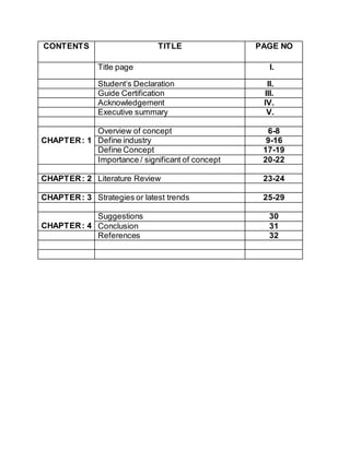 CONTENTS TITLE PAGE NO
Title page I.
Student’s Declaration II.
Guide Certification III.
Acknowledgement IV.
Executive summary V.
CHAPTER: 1
Overview of concept 6-8
Define industry 9-16
Define Concept 17-19
Importance / significant of concept 20-22
CHAPTER: 2 Literature Review 23-24
CHAPTER: 3 Strategies or latest trends 25-29
CHAPTER: 4
Suggestions 30
Conclusion 31
References 32
 