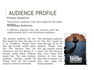 AUDIENCE PROFILE
Primary Audience
Secondary Audience
The primary audience is the main target for the media
product.
A different audience that also interacts with the
media product but is not the primary audience.
The primary audience for this
film would be from the ages of
0-14 (Children). People from
that age bracket would watch
this film because they are
humorous and are based in a
fantasy world which children
would like. The main primary
audience member would be
female since the film centres
around a princess/mermaid.
The secondary audience
for this film would be
from the ages of 25-44
(Adults). People from
this age bracket would
watch this film because
they most likely have
children of their own
who want to watch it or
they also enjoy the
fantasy themes.
 