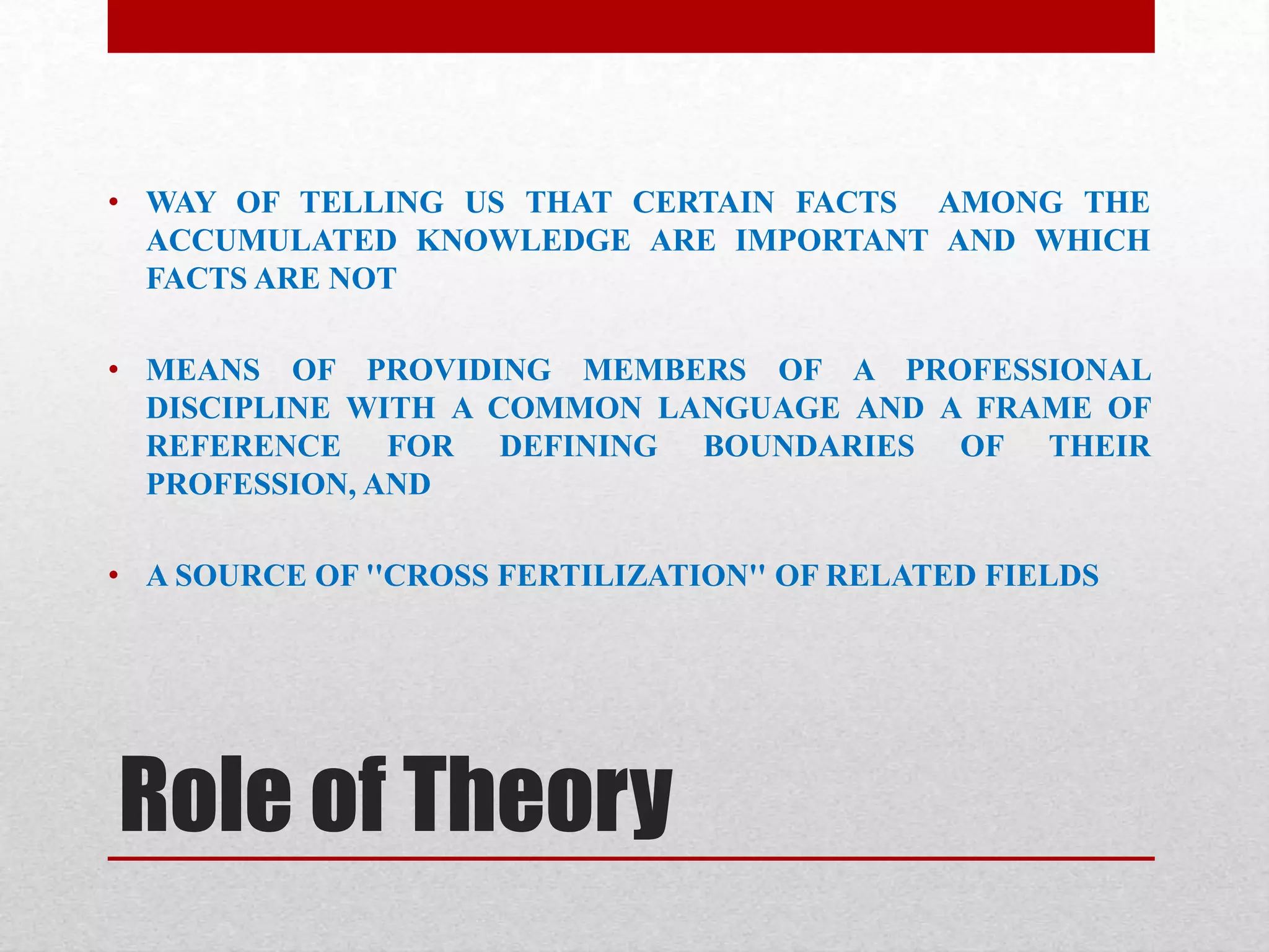 Role of Theory
• WAY OF TELLING US THAT CERTAIN FACTS AMONG THE
ACCUMULATED KNOWLEDGE ARE IMPORTANT AND WHICH
FACTS ARE NOT
• MEANS OF PROVIDING MEMBERS OF A PROFESSIONAL
DISCIPLINE WITH A COMMON LANGUAGE AND A FRAME OF
REFERENCE FOR DEFINING BOUNDARIES OF THEIR
PROFESSION, AND
• A SOURCE OF ''CROSS FERTILIZATION'' OF RELATED FIELDS
 