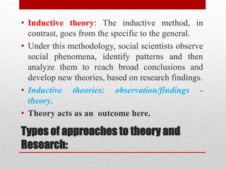 Types of approaches to theory and
Research:
• Inductive theory: The inductive method, in
contrast, goes from the specific to the general.
• Under this methodology, social scientists observe
social phenomena, identify patterns and then
analyze them to reach broad conclusions and
develop new theories, based on research findings.
• Inductive theories: observation/findings -
theory.
• Theory acts as an outcome here.
 