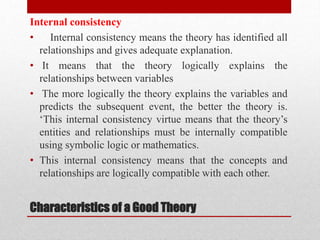 Characteristics of a Good Theory
Internal consistency
• Internal consistency means the theory has identified all
relationships and gives adequate explanation.
• It means that the theory logically explains the
relationships between variables
• The more logically the theory explains the variables and
predicts the subsequent event, the better the theory is.
‘This internal consistency virtue means that the theory’s
entities and relationships must be internally compatible
using symbolic logic or mathematics.
• This internal consistency means that the concepts and
relationships are logically compatible with each other.
 