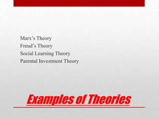 Examples of Theories
Marx’s Theory
Freud’s Theory
Social Learning Theory
Parental Investment Theory
 