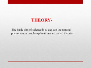 THEORY-
The basic aim of science is to explain the natural
phenomenon , such explanations are called theories.
 