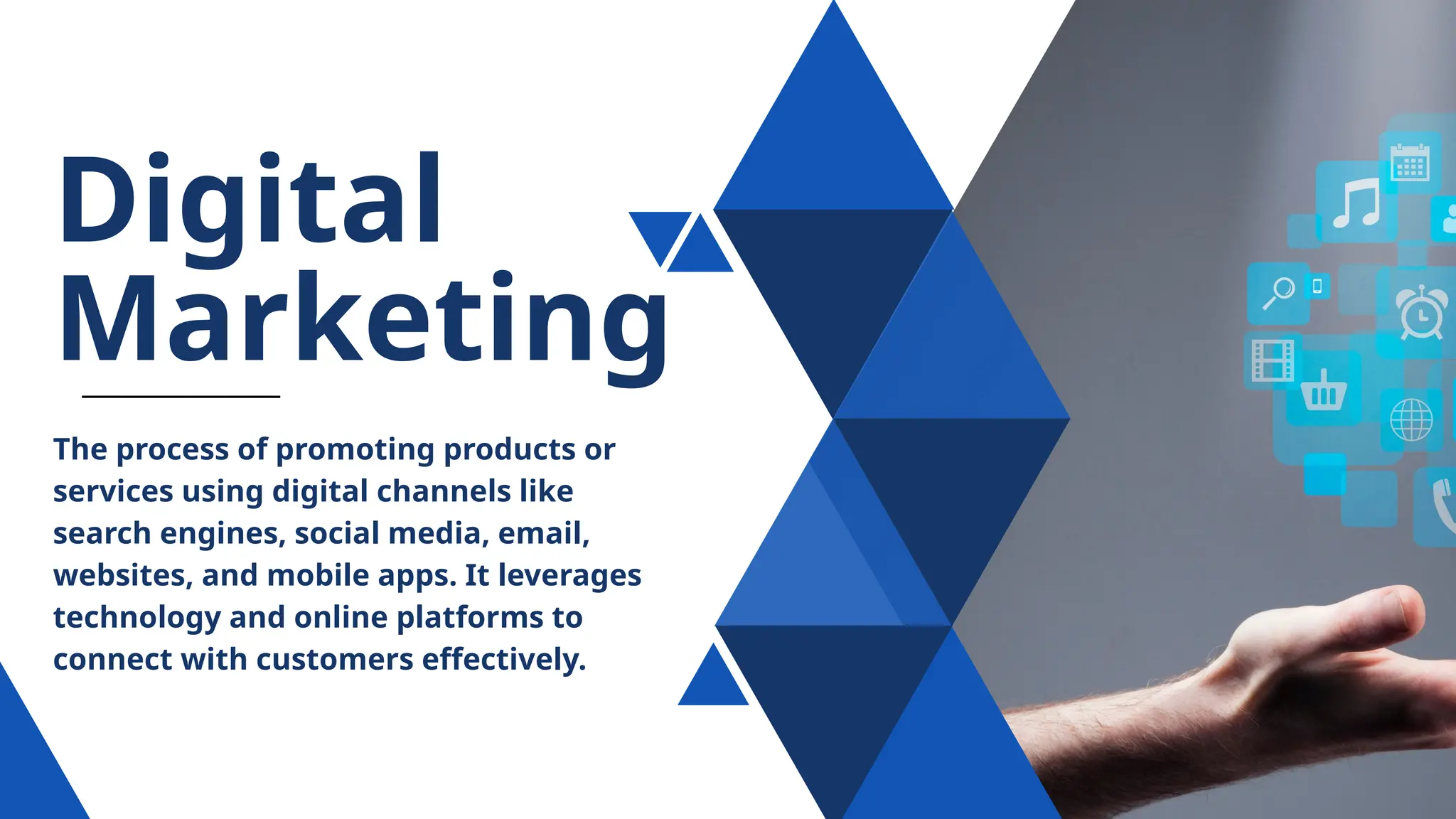 Digital
Marketing
The process of promoting products or
services using digital channels like
search engines, social media, email,
websites, and mobile apps. It leverages
technology and online platforms to
connect with customers effectively.
 