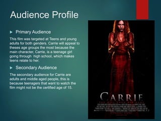 Audience Profile
 Primary Audience
This film was targeted at Teens and young
adults for both genders. Carrie will appeal to
theses age groups the most because the
main character, Carrie, is a teenage girl
going through high school, which makes
teens relate to her.
 Secondary Audience
The secondary audience for Carrie are
adults and middle aged people, this is
because teenagers that want to watch the
film might not be the certified age of 15.
 