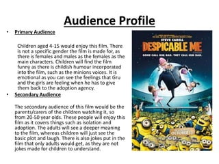 Audience Profile
• Primary Audience
Children aged 4-15 would enjoy this film. There
is not a specific gender the film is made for, as
there is females and males as the females as the
main characters. Children will find the film
funny as there is childish humour incorporated
into the film, such as the minions voices. It is
emotional as you can see the feelings that Gru
and the girls are feeling when he has to give
them back to the adoption agency.
• Secondary Audience
The secondary audience of this film would be the
parents/carers of the children watching it, so
from 20-50 year olds. These people will enjoy this
film as it covers things such as isolation and
adoption. The adults will see a deeper meaning
to the film, whereas children will just see the
basic plot and laugh. There is also jokes put in the
film that only adults would get, as they are not
jokes made for children to understand.
 