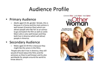 Audience Profile
• Primary Audience
– Adults aged 25-44, gender: female, this is
because it is funny and the main actress is
well known (Cameron Diaz) which can
attract people who like her as an actress
to go and watch the film as well as Leslie
Mann who is also well known and they
both live in America which will attract
people in America.
• Secondary Audience
– Males aged 25-44 this is because they
might like the actors in the films.
People who don’t live in America, they still
would of heard about the films and the
actresses as they're well known and its also
worldwide for people around the world to
know about it.
 