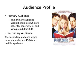 Audience Profile
• Primary Audience
– The primary audience
would be females who are
older teenagers 16-18 and
who are adults 18-44
• Secondary Audience
The secondary audience would
be women who are 45-64 and
middle aged men
 
