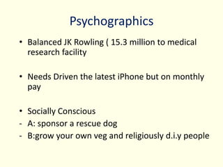 Psychographics
• Balanced JK Rowling ( 15.3 million to medical
research facility
• Needs Driven the latest iPhone but on monthly
pay
• Socially Conscious
- A: sponsor a rescue dog
- B:grow your own veg and religiously d.i.y people
 