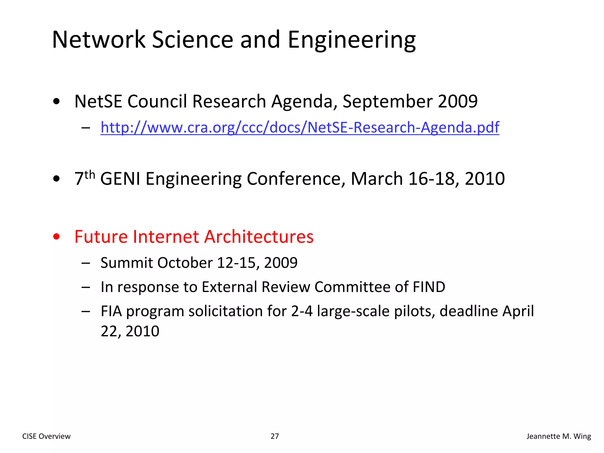 14CISE OverviewJeannette M. WingFY08-FY09 AwardsFY08 AwardsComputational SustainabilityGomes, Cornell, Bowdoin College, the Conservation Fund, Howard University, Oregon State University and the Pacific Northwest National Laboratory IntractabilityArora, Princeton, Rutgers, NYU, Inst for Adv. StudiesMolecular ProgrammingWinfrey, Cal Tech, UWOpen Programmable Mobile InternetMcKeown, StanfordFY09 AwardsCustomized Computing TechnologyCong, UCLAModeling Tools for Disease and Complex SystemsClarke, CMU, NYU, Cornell, SUNY Stony Brook, University of MarylandRobotic BeesWood, Harvard