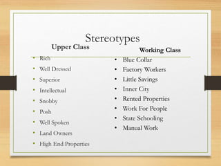 Stereotypes
Upper Class
• Rich
• Well Dressed
• Superior
• Intellectual
• Snobby
• Posh
• Well Spoken
• Land Owners
• High End Properties
Working Class
• Blue Collar
• Factory Workers
• Little Savings
• Inner City
• Rented Properties
• Work For People
• State Schooling
• Manual Work
 