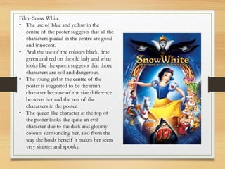 Film- Snow White
• The use of blue and yellow in the
centre of the poster suggests that all the
characters placed in the centre are good
and innocent.
• And the use of the colours black, lime
green and red on the old lady and what
looks like the queen suggests that those
characters are evil and dangerous.
• The young girl in the centre of the
poster is suggested to be the main
character because of the size difference
between her and the rest of the
characters in the poster.
• The queen like character at the top of
the poster looks like quite an evil
character due to the dark and gloomy
colours surrounding her, also from the
way she holds herself it makes her seem
very sinister and spooky.
 