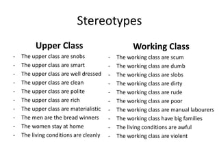 Stereotypes
Upper Class
- The upper class are snobs
- The upper class are smart
- The upper class are well dressed
- The upper class are clean
- The upper class are polite
- The upper class are rich
- The upper class are materialistic
- The men are the bread winners
- The women stay at home
- The living conditions are cleanly
Working Class
- The working class are scum
- The working class are dumb
- The working class are slobs
- The working class are dirty
- The working class are rude
- The working class are poor
- The working class are manual labourers
- The working class have big families
- The living conditions are awful
- The working class are violent
 