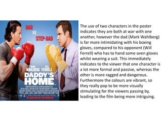 The use of two characters in the poster
indicates they are both at war with one
another, however the dad (Mark Wahlberg)
is far more intimidating with his boxing
gloves, compared to his opponent (Will
Ferrell) who has to hand some oven gloves
whilst wearing a suit. This immediately
indicates to the viewer that one character is
a lot more formal and passive, whereas the
other is more ragged and dangerous.
Furthermore the colours are vibrant, so
they really pop to be more visually
stimulating for the viewers passing by,
leading to the film being more intriguing.
 