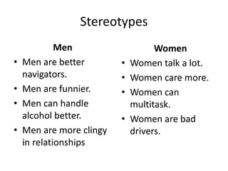 Stereotypes
Men
• Men are better
navigators.
• Men are funnier.
• Men can handle
alcohol better.
• Men are more clingy
in relationships
Women
• Women talk a lot.
• Women care more.
• Women can
multitask.
• Women are bad
drivers.
 