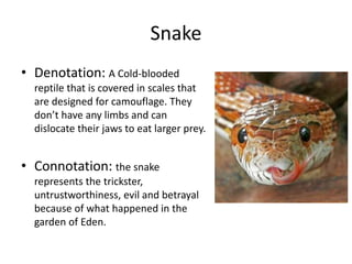 Snake
• Denotation: A Cold-blooded
reptile that is covered in scales that
are designed for camouflage. They
don’t have any limbs and can
dislocate their jaws to eat larger prey.
• Connotation: the snake
represents the trickster,
untrustworthiness, evil and betrayal
because of what happened in the
garden of Eden.
 