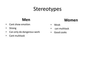 Stereotypes
Men
• Cant show emotion
• Strong
• Can only do dangerous work
• Cant multitask
Women
• Weak
• can multitask
• Good cooks
 