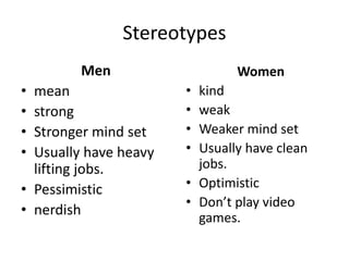 Stereotypes
Men
• mean
• strong
• Stronger mind set
• Usually have heavy
lifting jobs.
• Pessimistic
• nerdish
Women
• kind
• weak
• Weaker mind set
• Usually have clean
jobs.
• Optimistic
• Don’t play video
games.
 