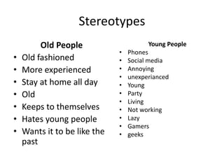 Stereotypes
Old People
• Old fashioned
• More experienced
• Stay at home all day
• Old
• Keeps to themselves
• Hates young people
• Wants it to be like the
past
Young People
• Phones
• Social media
• Annoying
• unexperianced
• Young
• Party
• Living
• Not working
• Lazy
• Gamers
• geeks
 