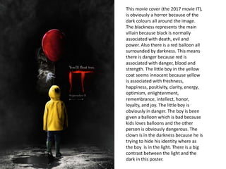 This movie cover (the 2017 movie IT),
is obviously a horror because of the
dark colours all around the image.
The blackness represents the main
villain because black is normally
associated with death, evil and
power. Also there is a red balloon all
surrounded by darkness. This means
there is danger because red is
associated with danger, blood and
strength. The little boy in the yellow
coat seems innocent because yellow
is associated with freshness,
happiness, positivity, clarity, energy,
optimism, enlightenment,
remembrance, intellect, honor,
loyalty, and joy. The little boy is
obviously in danger. The boy is been
given a balloon which is bad because
kids loves balloons and the other
person is obviously dangerous. The
clown is in the darkness because he is
trying to hide his identity where as
the boy is in the light. There is a big
contrast between the light and the
dark in this poster.
 