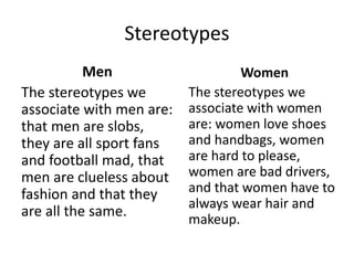 Stereotypes
Men
The stereotypes we
associate with men are:
that men are slobs,
they are all sport fans
and football mad, that
men are clueless about
fashion and that they
are all the same.
Women
The stereotypes we
associate with women
are: women love shoes
and handbags, women
are hard to please,
women are bad drivers,
and that women have to
always wear hair and
makeup.
 