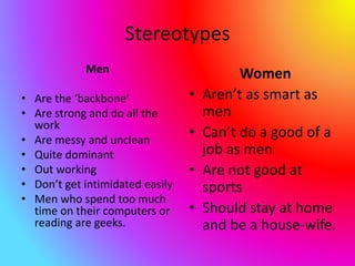 Stereotypes
Men
• Are the ‘backbone’
• Are strong and do all the
work
• Are messy and unclean
• Quite dominant
• Out working
• Don’t get intimidated easily
• Men who spend too much
time on their computers or
reading are geeks.
Women
• Aren’t as smart as
men
• Can’t do a good of a
job as men
• Are not good at
sports
• Should stay at home
and be a house-wife.
 