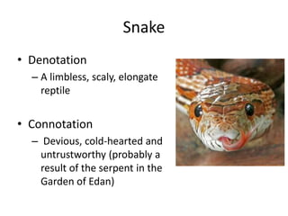 Snake
• Denotation
– A limbless, scaly, elongate
reptile
• Connotation
– Devious, cold-hearted and
untrustworthy (probably a
result of the serpent in the
Garden of Edan)
 