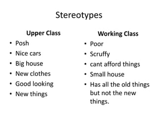 Stereotypes
Upper Class
• Posh
• Nice cars
• Big house
• New clothes
• Good looking
• New things
Working Class
• Poor
• Scruffy
• cant afford things
• Small house
• Has all the old things
but not the new
things.
 
