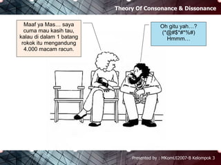 Theory Of Consonance & Dissonance Presented by : MKomUI2007-B Kelompok 3 Maaf ya Mas… saya cuma mau kasih tau, kalau di dalam 1 batang rokok itu mengandung 4.000 macam racun. Oh gitu yah…? (*@#$*#*%#) Hmmm… 