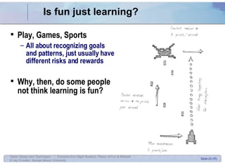 Is fun just learning? Play, Games, Sports All about recognizing goals and patterns, just usually have different risks and rewards Why, then, do some people not think learning is fun? 