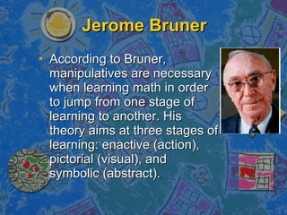 Jerome Bruner  According to Bruner, manipulatives are necessary when learning math in order to jump from one stage of learning to another.  His theory aims at three stages of learning: enactive (action), pictorial (visual), and symbolic (abstract).  