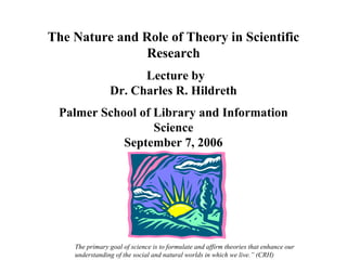 The Nature and Role of Theory in Scientific
               Research
                      Lecture by
                Dr. Charles R. Hildreth
 Palmer School of Library and Information
                  Science
            September 7, 2006




    The primary goal of science is to formulate and affirm theories that enhance our
    understanding of the social and natural worlds in which we live.” (CRH)
 