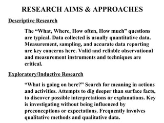 RESEARCH AIMS & APPROACHES
Descriptive Research
      The “What, Where, How often, How much” questions
      are typical. Data collected is usually quantitative data.
      Measurement, sampling, and accurate data reporting
      are key concerns here. Valid and reliable observational
      and measurement instruments and techniques are
      critical.
Exploratory/Inductive Research
      “What is going on here?” Search for meaning in actions
      and activities. Attempts to dig deeper than surface facts,
      to discover possible interpretations or explanations. Key
      is investigating without being influenced by
      preconceptions or expectations. Frequently involves
      qualitative methods and qualitative data.
 