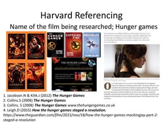 Harvard Referencing
Name of the film being researched; Hunger games
1. Jacobson.N & Kilik.J (2012) The Hunger Games
2. Collins.S (2008) The Hunger Games
3. Collins. S (2008) The Hunger Games www.thehungergames.co.uk
4. Leigh.D (2015) How the hunger games staged a revolution.
https://www.theguardian.com/film/2015/nov/18/how-the-hunger-games-mockingjay-part-2-
staged-a-revolution
 