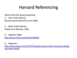Harvard Referencing
Name of the film being researched;
1. Film: Pretty Woman
Director. Garry Marshall (1 June 1990)
2. Book: Pretty Woman
Author Fern Michaels, 2005
3. Website: IMDb
http://www.imdb.com/title/tt0100405/
4. Magazine
http://www.vogue.com/12753771/pretty-woman-25th-anniversary-things-
you-never-knew/
 