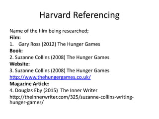 Harvard Referencing
Name of the film being researched;
Film:
1. Gary Ross (2012) The Hunger Games
Book:
2. Suzanne Collins (2008) The Hunger Games
Website:
3. Suzanne Collins (2008) The Hunger Games
http://www.thehungergames.co.uk/
Magazine Article:
4. Douglas Eby (2015) The Inner Writer
http://theinnerwriter.com/325/suzanne-collins-writing-
hunger-games/
 