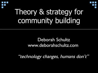 Theory & strategy for community building Deborah Schultz www.deborahschultz.com “ technology changes, humans don’t” 