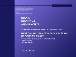American University of Sharjah School of Architecture and Design Urban Planning Graduate Program Department of Architecture Fall 2006 PLANNING THEORY AND METHODS WHAT CAN WE LEARN FROMEMPIRICAL STUDIES OF PLANNING THEORY   A COMPARATIVE CASE ANALYSIS OF EXTANT LITERATURE   MICKEY LAURIA &  JACOB A. WAGNER   A GRADUATE STUDENTS PRESENTATION OF RESEARC STUDY :   THEORY.. THEORIZING  AND PRACTICE   AKRAM A. NHAIR   