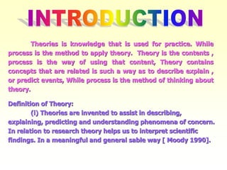 Theories is knowledge that is used for practice. While
process is the method to apply theory. Theory is the contents ,
process is the way of using that content, Theory contains
concepts that are related is such a way as to describe explain ,
or predict events, While process is the method of thinking about
theory.
Definition of Theory:
(i) Theories are invented to assist in describing,
explaining, predicting and understanding phenomena of concern.
In relation to research theory helps us to interpret scientific
findings. In a meaningful and general sable way [ Moody 1990].
 