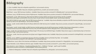 Bibliography
.. (.). Syco. Available: https://en.wikipedia.org/wiki/Syco. Last accessed 21/01/19.
.. (.). Simon Cowell. Available: https://en.wikipedia.org/wiki/Simon_Cowell. Last accessed 21/01/19.
Rebel Heart . (2013). Fifth Harmony's Auditions . Available: https://www.youtube.com/watch?v=6Mae8yL9VpY. Last accessed 28/01/19.
wonhosea. (2014). All Fifth Harmony xFactor Performances. Available: https://www.youtube.com/watch?v=fSvMfUNYFXk. Last accessed 28/01/19.
De Elizabeth. (2016). Fifth Harmony's "That's My Girl"Without Camila Cabello'sVocals Sounds Something LikeThis. Available:
https://www.teenvogue.com/story/fifth-harmony-thats-my-girl-without-camila-cabello-vocals. Last accessed 28/01/19.
KELLI BOYLE MAR 28 2018. (2018). Why Did Fifth Harmony Break Up? . Available: https://www.elitedaily.com/p/why-did-fifth-harmony-break-up-lauren-jauregui-
opened-up-about-the-split-8628450. Last accessed 28/01/19.
Lorraine . (2018). Camila Cabello Reveals the Reason Behind her Fifth Harmony Exit. Available: https://www.youtube.com/watch?v=ed5wSVK3j84. Last accessed
28/01/09.
Ilana Kaplan. (2018). Camila Cabello: ex-Fifth Harmony member explains why she left the pop group. Available: https://www.independent.co.uk/arts-
entertainment/music/camila-cabello-fifth-harmony-why-she-left-explained-reasons-a8154461.html. Last accessed 28/01/19.
Vogue . (2018). Dua LipaTalks Feminism And Body Image InThe January Issue Of BritishVogue. Available: https://www.vogue.co.uk/article/dua-lipa-on-feminism-
and-body-image. Last accessed 30/01/19.
ABC News . (2018). How Dua Lipa became one of pop music's biggest breakout stars. Available: https://www.youtube.com/watch?v=bHHqqPSwfyk. Last accessed
30/01/19.
UKMVAs. (2017). UKMVA 2017 backstage interview with Henry Scholfield, director of the Best PopVideo - UK. Available:
https://www.youtube.com/watch?v=yV_O7BYsZkY. Last accessed 30/01/19.
TheEllenShow. (2017). Ellen's First Interview with Madonna!. Available: https://www.youtube.com/watch?v=-RUgckjhGGo. Last accessed 30/01/19.
ClassicVideos80s. (2016). Madonna Interview 1984. Available: https://www.youtube.com/watch?v=_ah2re-WtGs. Last accessed 30/01/19
TheLuckystar71. (2017). Madonna - Unauthorized Biography Part 1 - Childhood -Teenager - 1958 to 1978. Available:
https://www.youtube.com/watch?v=zANQtuMj3Mo. Last accessed 30/01/19.
.. (.). Madonna Videography. Available: https://en.wikipedia.org/wiki/Madonna_videography. Last accessed 30/01/19.
 