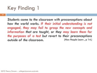 Key Finding 1
SGTS Theory Stream - collegeclassroom.ucsd.edu
17
Students come to the classroom with preconceptions about
how the world works. If their initial understanding is not
engaged, they may fail to grasp the new concepts and
information that are taught, or they may learn them for
the purposes of a test but revert to their preconceptions
outside of the classroom. (How People Learn , p 14.)
 