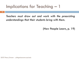 Implications for Teaching – 1
Teachers must draw out and work with the preexisting
understandings that their students bring with them.
(How People Learn, p. 19)
18
SGTS Theory Stream - collegeclassroom.ucsd.edu
 